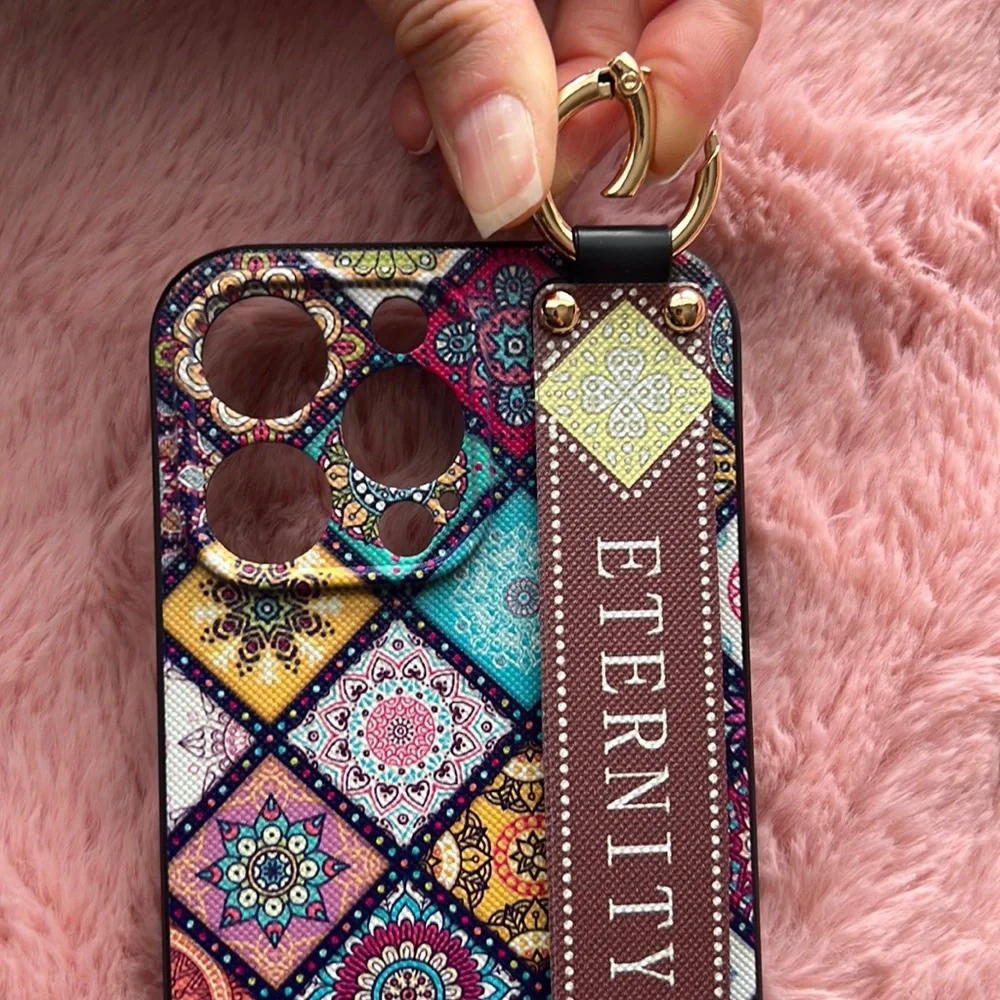 For iPhone 14 plus,14 pro max phone case with wrist strap kickstand keychain